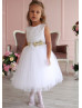 Gold Star White Tulle Flower Girl Dress